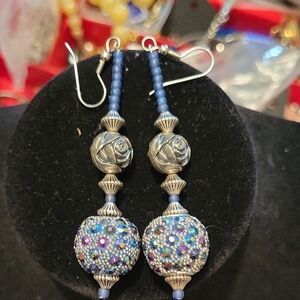 Silver and Blue Rose Beaded Earrings